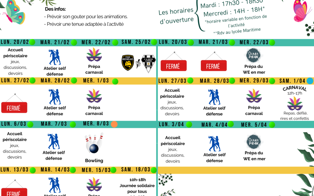 Programme du secteur jeunesse de février à avril 2023
