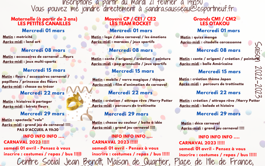 Programme centre de loisirs pour mercredis de mars