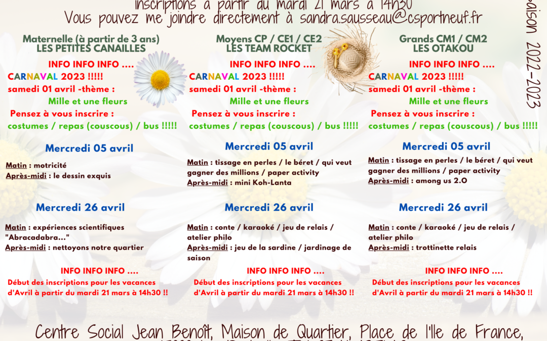 Programme centre de loisirs pour mercredis d’avril