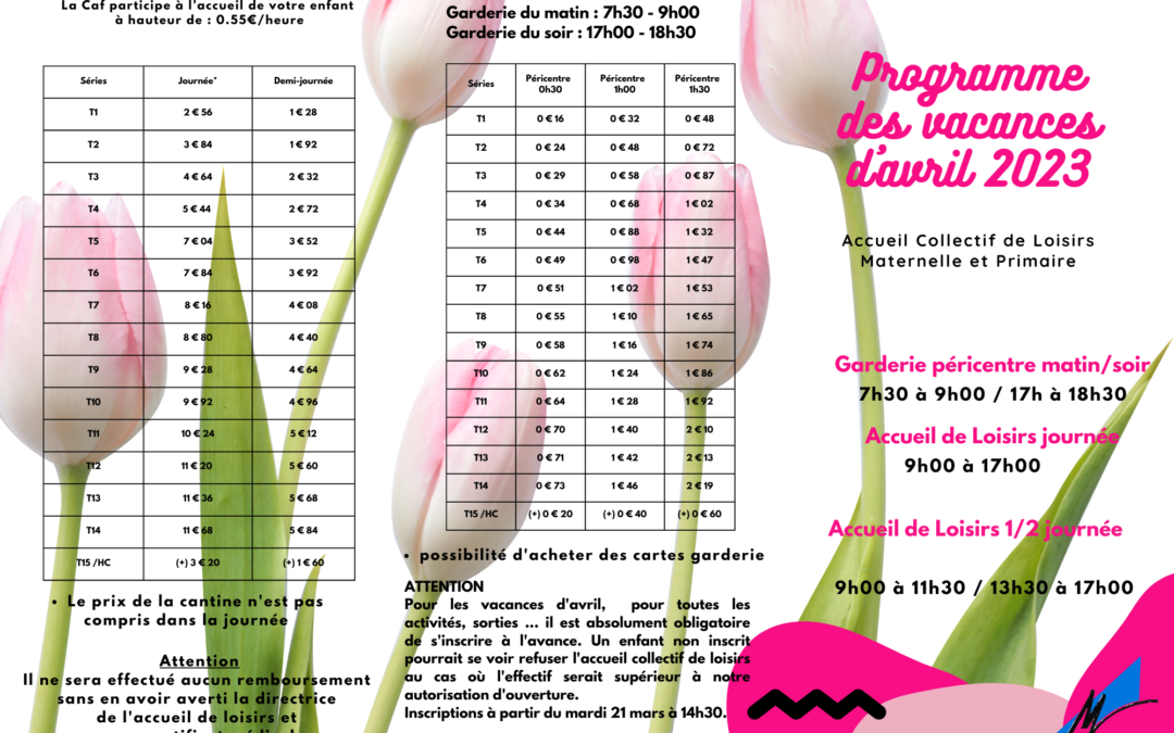 Programme centre de loisirs pour les vacances d’avril