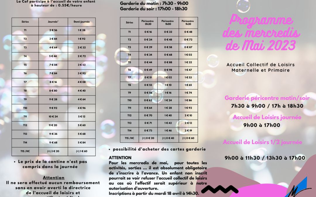 Programme centre de loisirs pour mercredis de mai