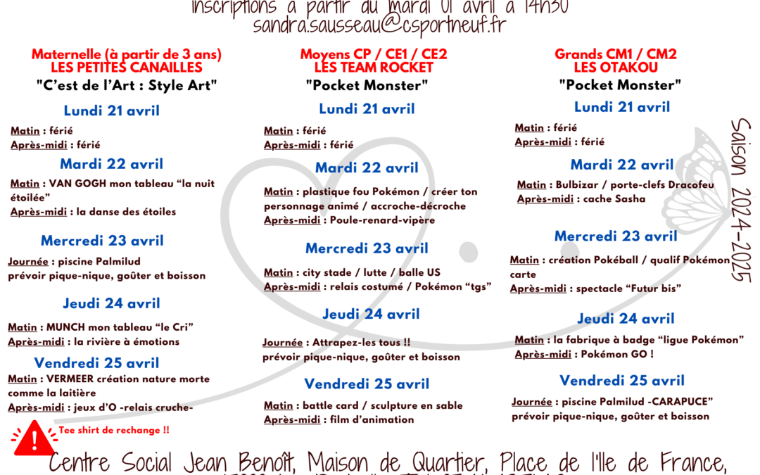 Programme des vacances d’Avril 2025